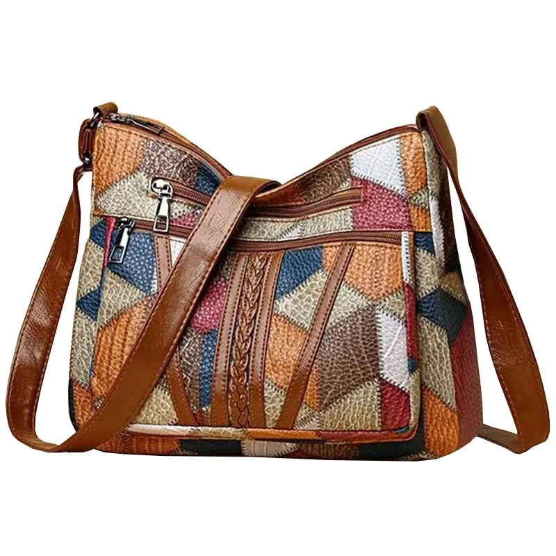 Lady's mother bag with geometric pattern design, suitable for traveling and shopping. Made of PU material.
