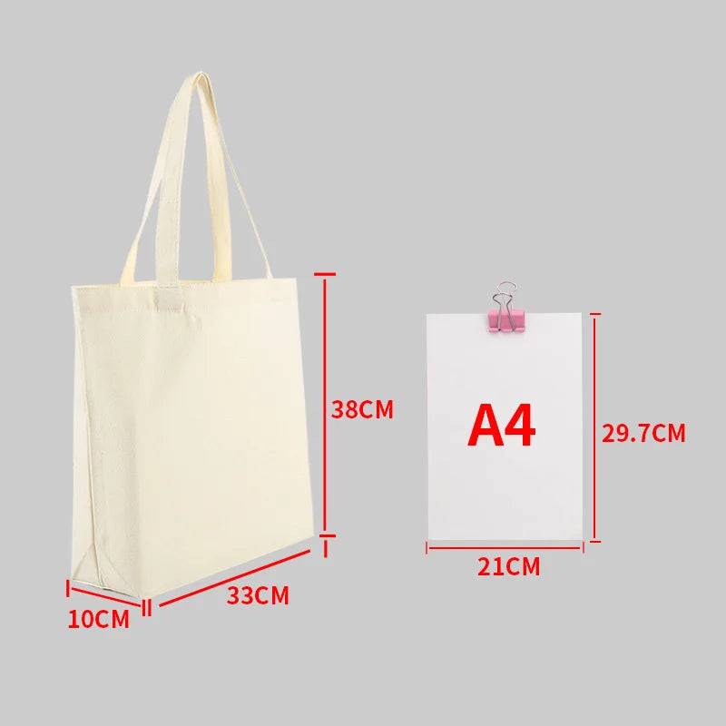 Reusable Large Capacity Canvas Shopping Bags Folding Eco-friendly Cotton Tote Bags DIY Shoulder Bag Grocery Handbag Beige White