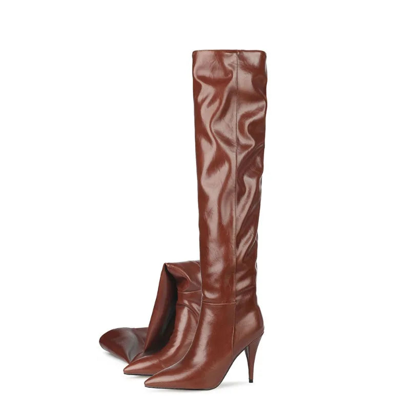 2024 Women's Pleated Solid-Tone Pointed-Toe Slim Stiletto Knee-High Boots - Plus Size FW Fashion-Forward Chic Footwear
