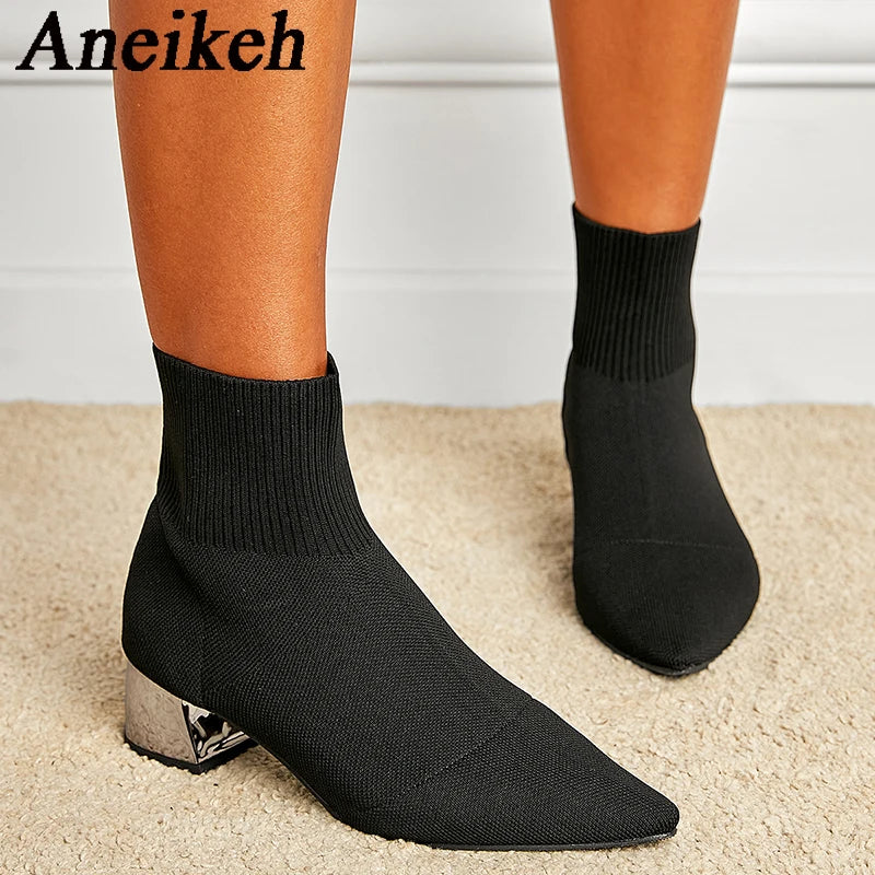Aneikeh Women's Fashion Elegant Knitted Stretch Fabric Ankle Boots 2025 Spring/Autumn Pointed Square Heels Sewing Chelsea Boot