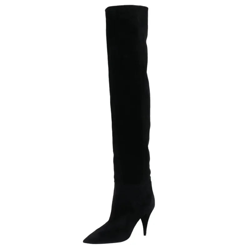 2024 Women's Pleated Solid-Tone Pointed-Toe Slim Stiletto Knee-High Boots - Plus Size FW Fashion-Forward Chic Footwear