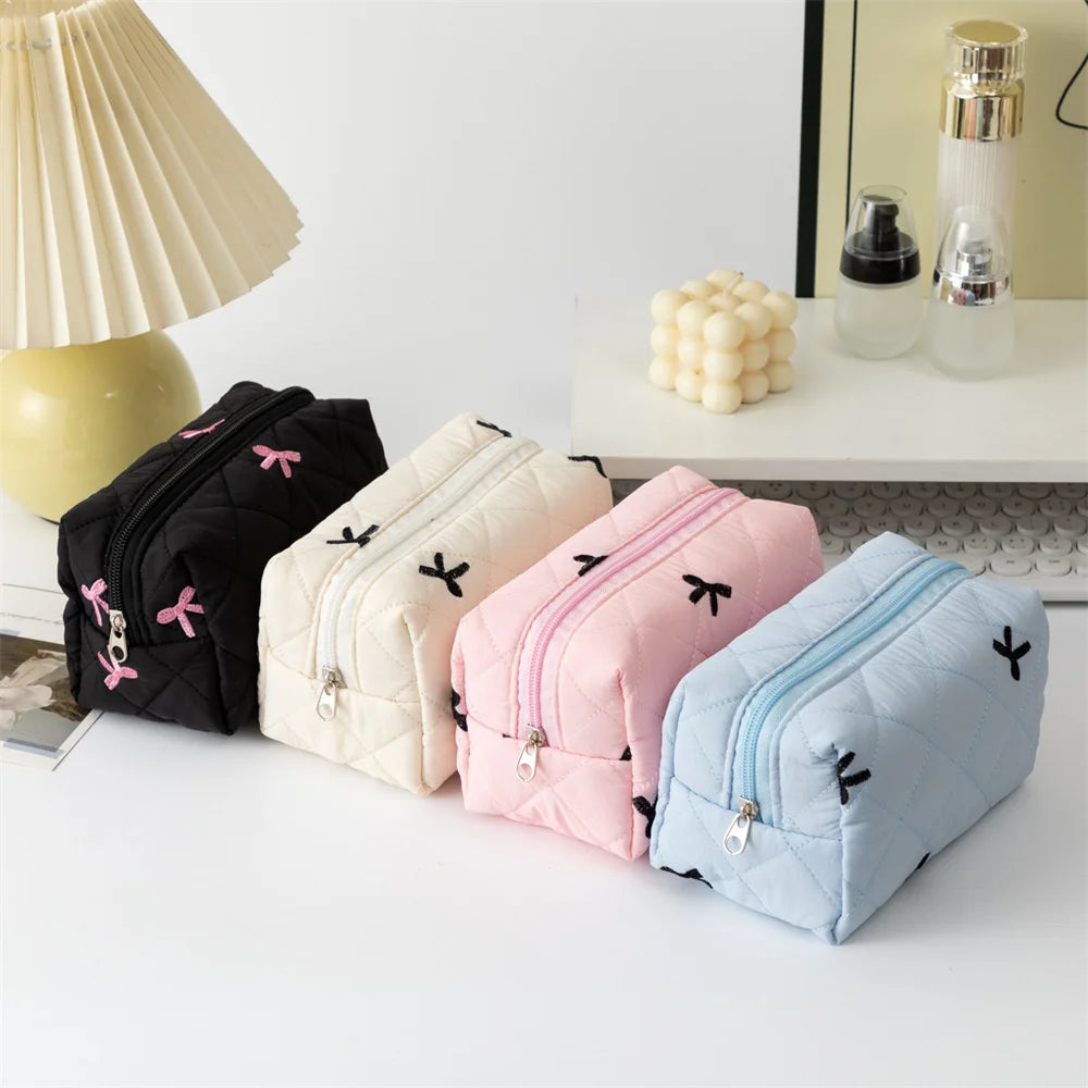 Ladies' Bow Makeup Bag for Women Embroidered Bowknot Travel Cosmetic Bags Large Capacity Handheld Makeup Toiletry Storage Bag