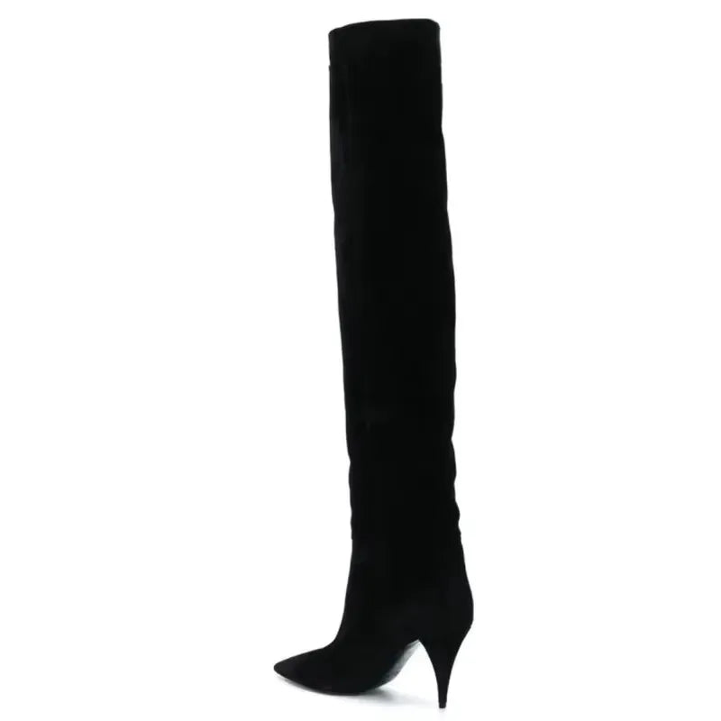 2024 Women's Pleated Solid-Tone Pointed-Toe Slim Stiletto Knee-High Boots - Plus Size FW Fashion-Forward Chic Footwear