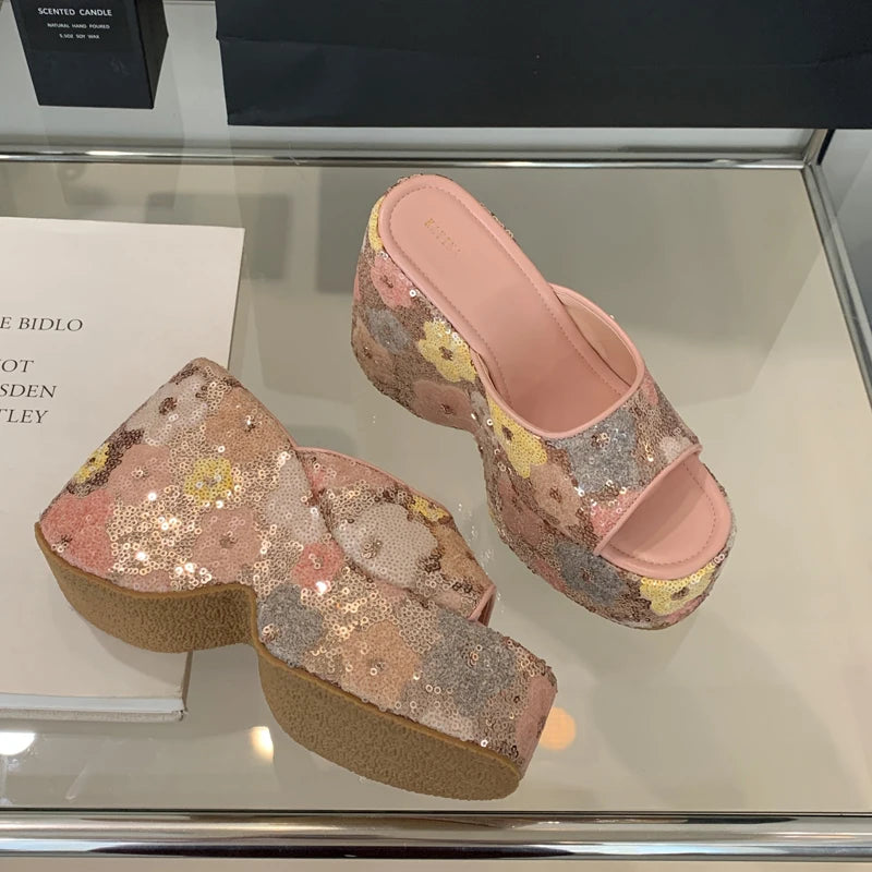 13cm Black Wedge Sandals Women Pink Flower Print Platform High Heels Slippers Summer Ladies Shoes Silver 13CM Heeled Sandals