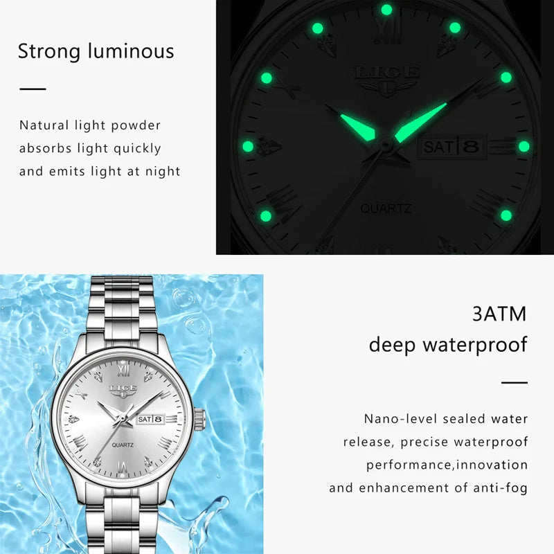 LIGE Women Wrist Watch Original Watches for Ladies Waterproof Stainless Steel Luxury Quartz Woman Wristwatch Diamond Dial Clock
