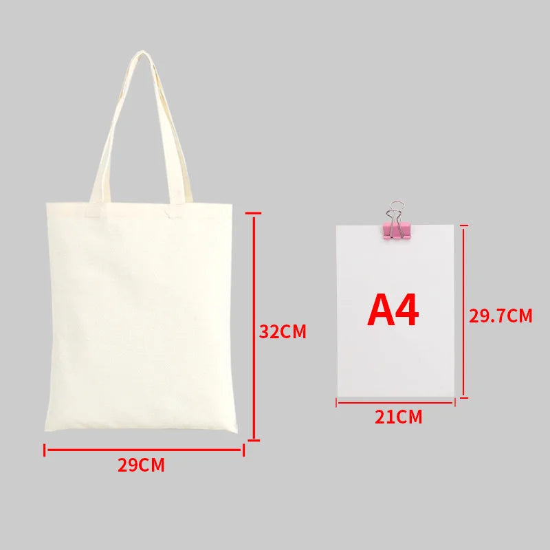 Reusable Large Capacity Canvas Shopping Bags Folding Eco-friendly Cotton Tote Bags DIY Shoulder Bag Grocery Handbag Beige White