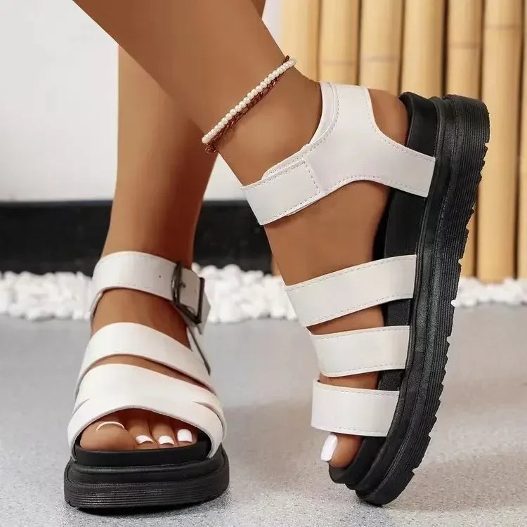 Women's Summer 2025 Roman Style Sandals Thick Bottom Flat Roman Strap Beach Shoes Platform Casual Flats Sandalias
