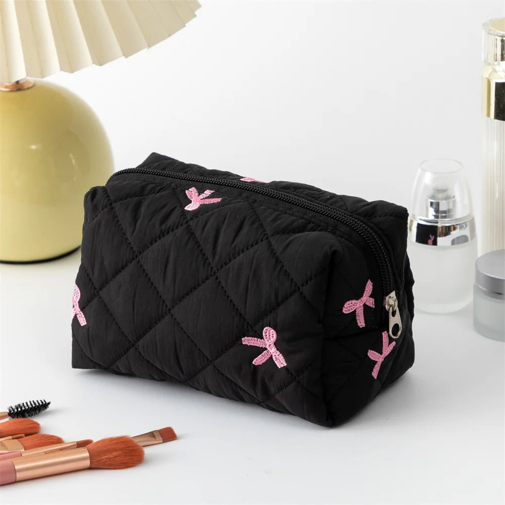 Ladies' Bow Makeup Bag for Women Embroidered Bowknot Travel Cosmetic Bags Large Capacity Handheld Makeup Toiletry Storage Bag