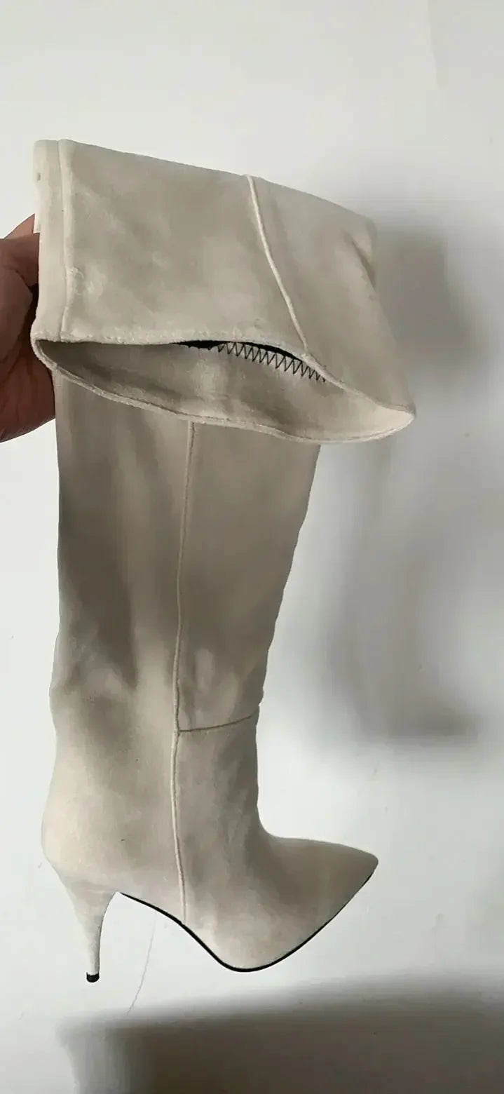 2024 Women's Pleated Solid-Tone Pointed-Toe Slim Stiletto Knee-High Boots - Plus Size FW Fashion-Forward Chic Footwear