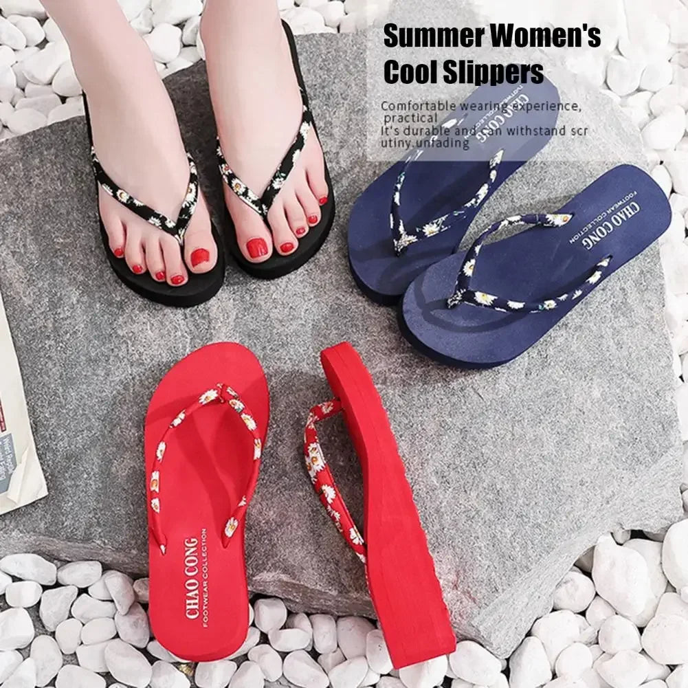 Open Toe Slippers Stylish Women's Flower Print Thick Sole Flip Flops for Summer Beach Outings Home Wear Non-slip Bottom Sandals