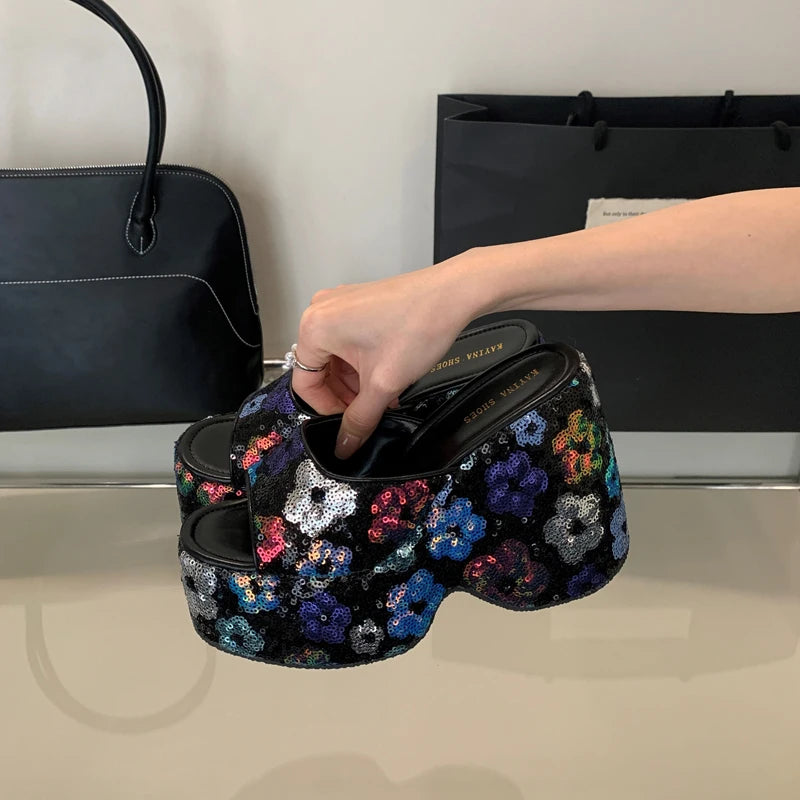13cm Black Wedge Sandals Women Pink Flower Print Platform High Heels Slippers Summer Ladies Shoes Silver 13CM Heeled Sandals