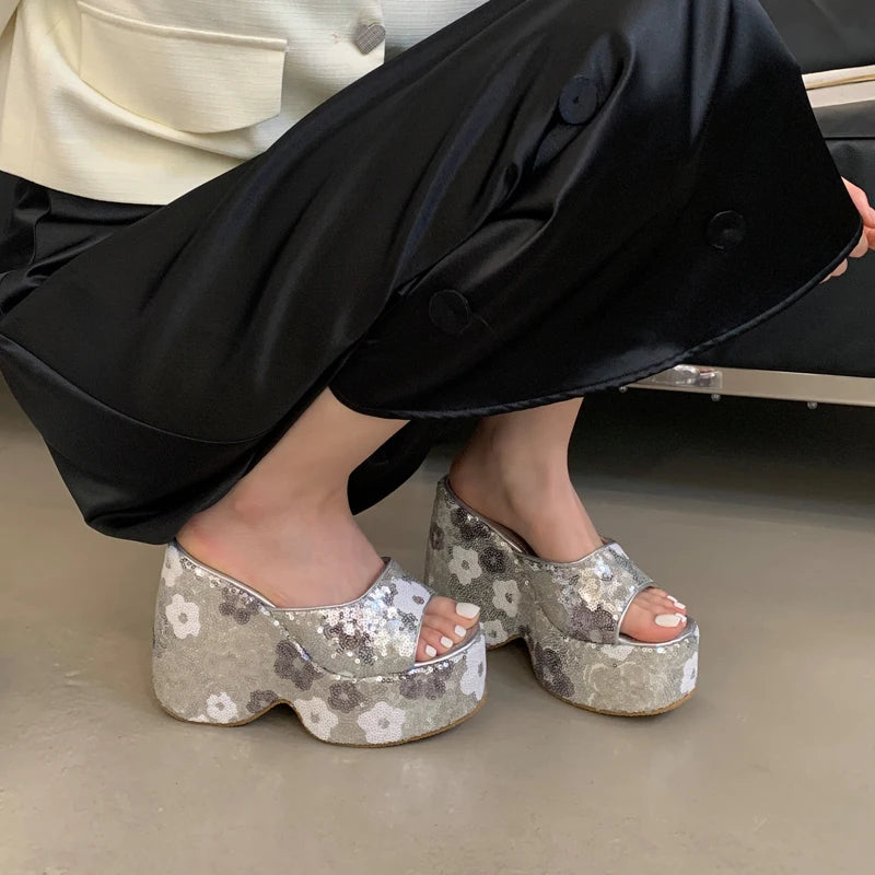13cm Black Wedge Sandals Women Pink Flower Print Platform High Heels Slippers Summer Ladies Shoes Silver 13CM Heeled Sandals