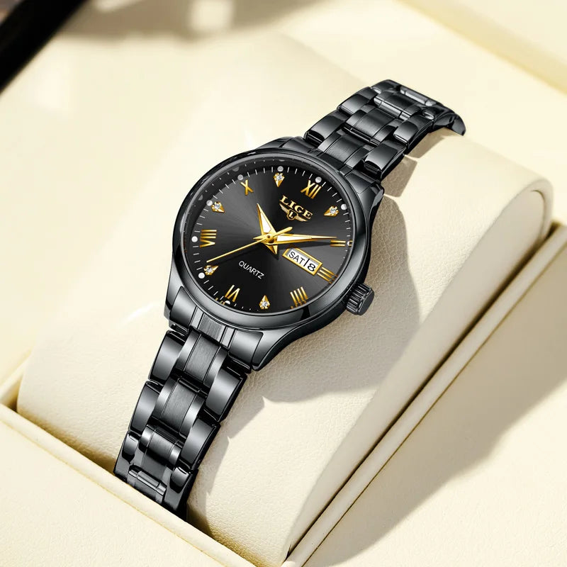LIGE Women Wrist Watch Original Watches for Ladies Waterproof Stainless Steel Luxury Quartz Woman Wristwatch Diamond Dial Clock