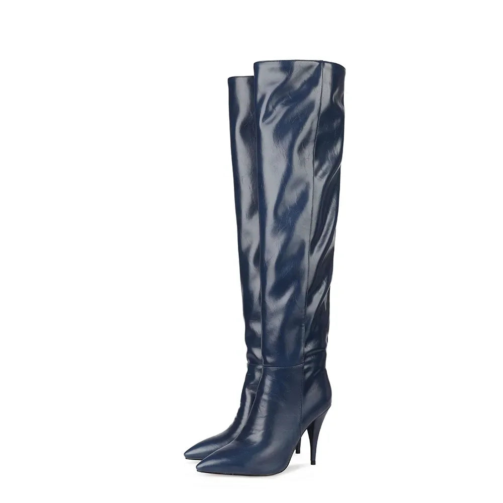 2024 Women's Pleated Solid-Tone Pointed-Toe Slim Stiletto Knee-High Boots - Plus Size FW Fashion-Forward Chic Footwear