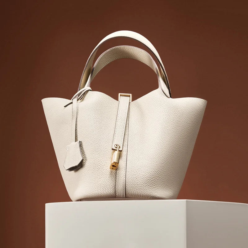 Ladies Handbag Female Bucket Bag Basket Shoulder Bag Travel BagLeather Bucket BagLarge Soft Leather Tote with Lock Daily