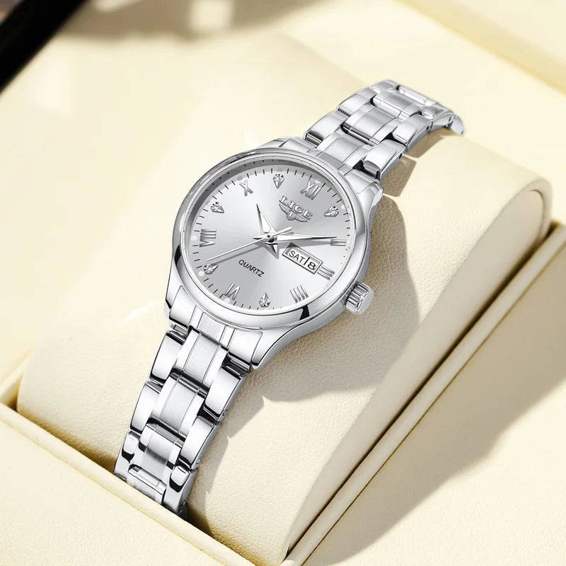 LIGE Women Wrist Watch Original Watches for Ladies Waterproof Stainless Steel Luxury Quartz Woman Wristwatch Diamond Dial Clock