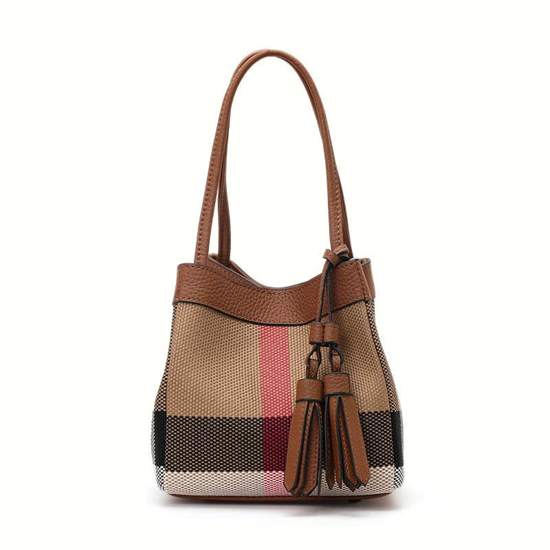 Aidrani Plaid - Canvas Bucket Bag: Leather Trim, Tassel Charm & Timeless Pattern