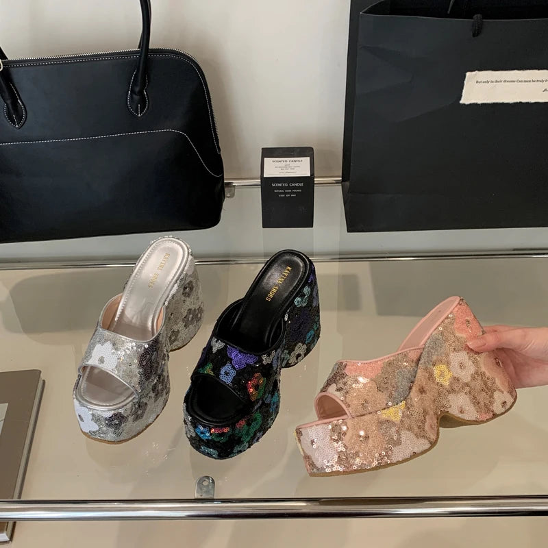 13cm Black Wedge Sandals Women Pink Flower Print Platform High Heels Slippers Summer Ladies Shoes Silver 13CM Heeled Sandals