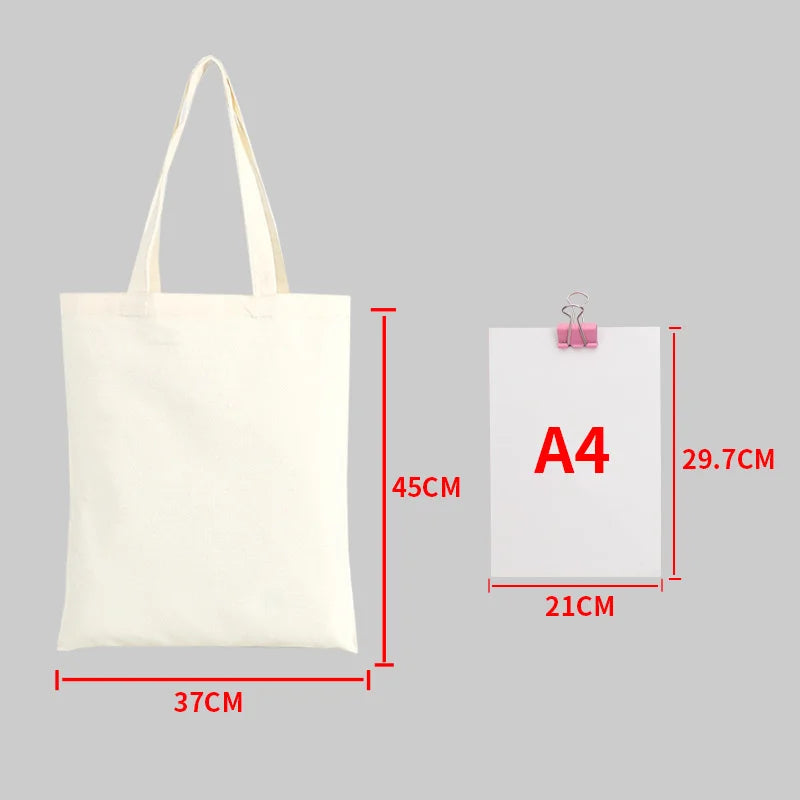 Reusable Large Capacity Canvas Shopping Bags Folding Eco-friendly Cotton Tote Bags DIY Shoulder Bag Grocery Handbag Beige White