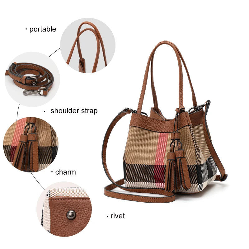 Aidrani Plaid - Canvas Bucket Bag: Leather Trim, Tassel Charm & Timeless Pattern