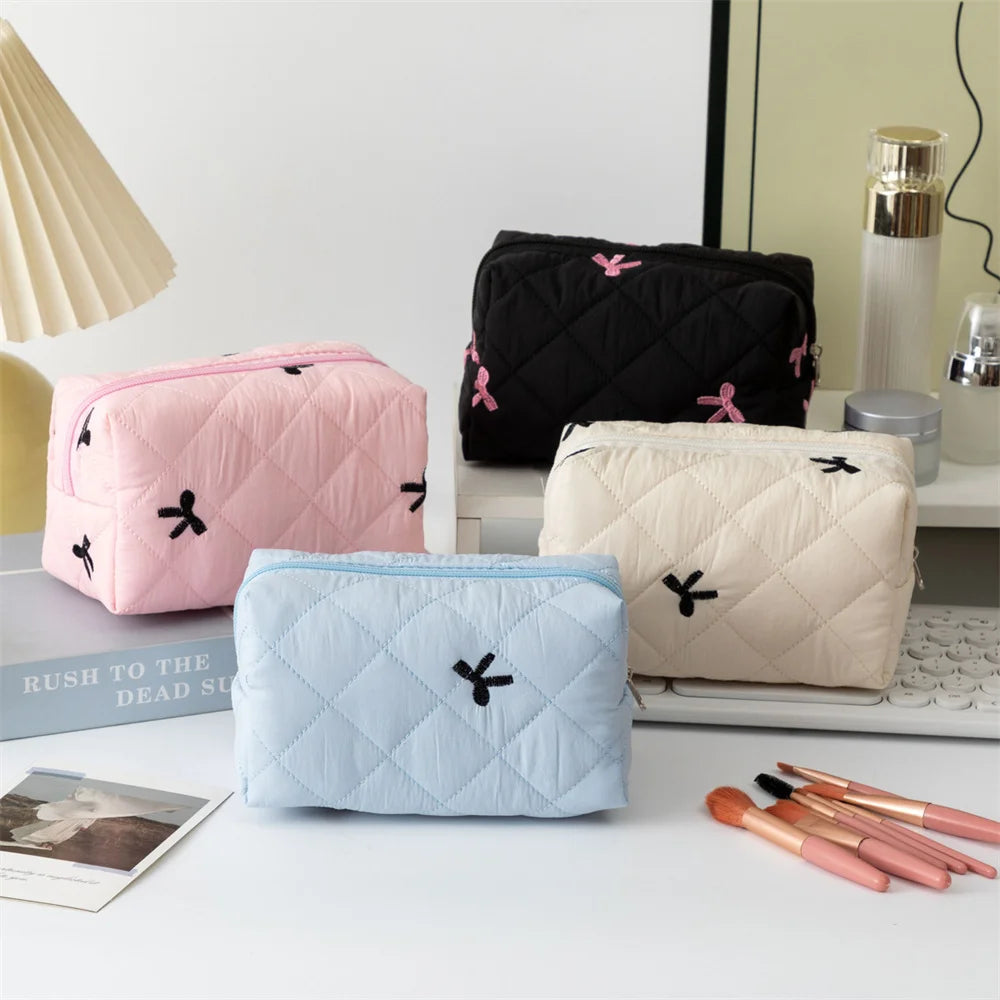 Ladies' Bow Makeup Bag for Women Embroidered Bowknot Travel Cosmetic Bags Large Capacity Handheld Makeup Toiletry Storage Bag