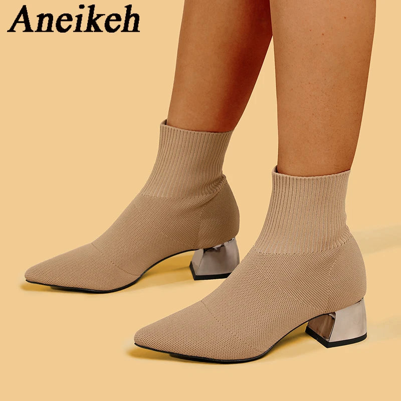 Aneikeh Women's Fashion Elegant Knitted Stretch Fabric Ankle Boots 2025 Spring/Autumn Pointed Square Heels Sewing Chelsea Boot