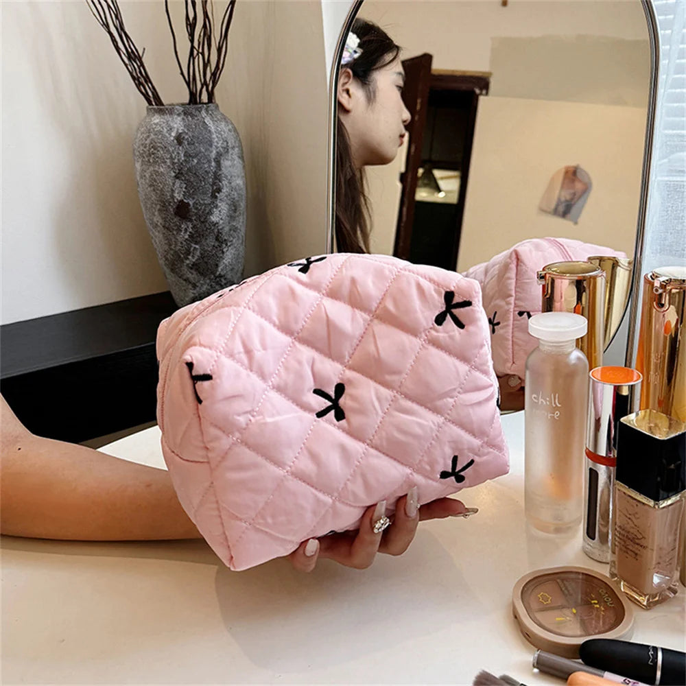 Ladies' Bow Makeup Bag for Women Embroidered Bowknot Travel Cosmetic Bags Large Capacity Handheld Makeup Toiletry Storage Bag