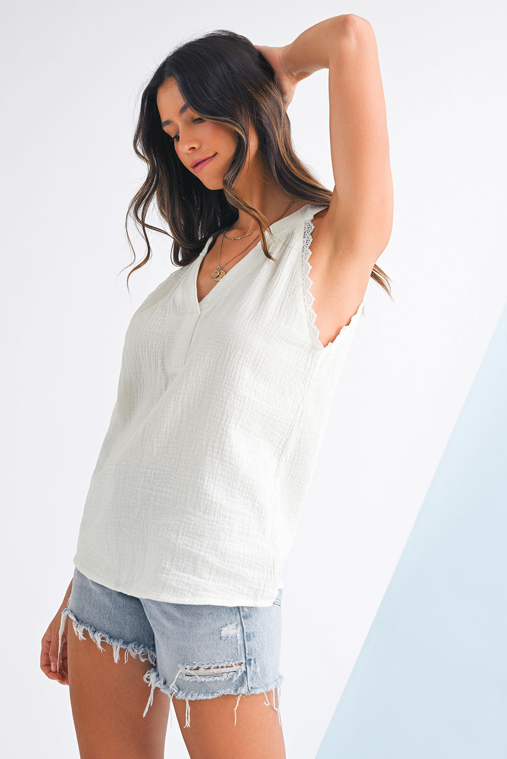 White V Neck Lace Trim Crinkled Sleeveless Top