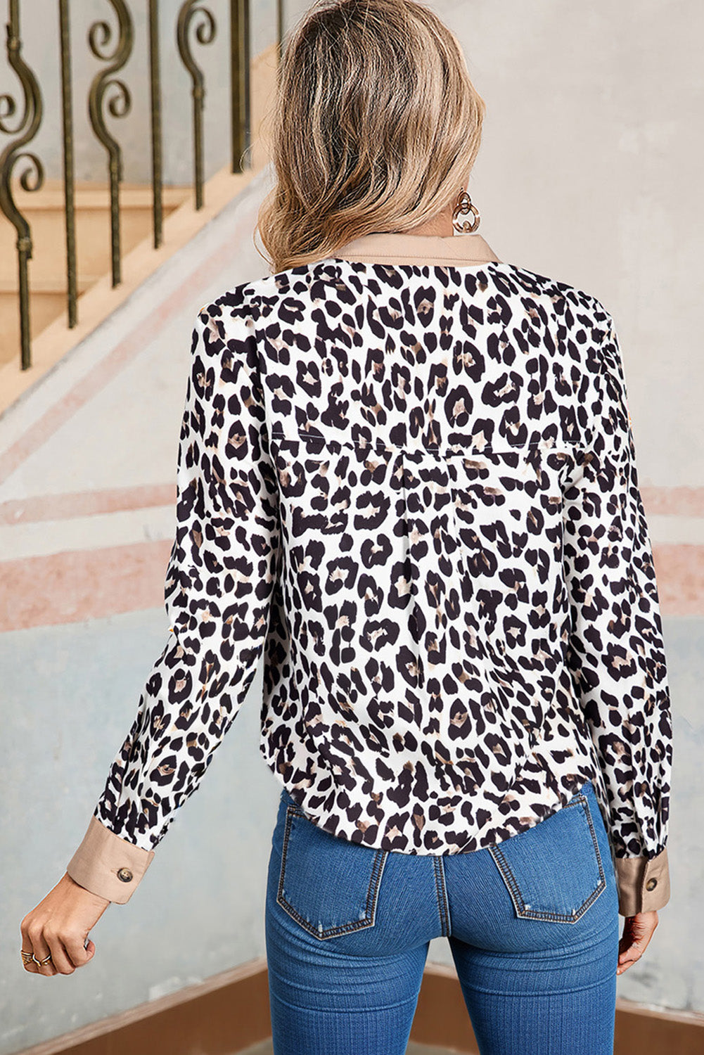 Multicolour Leopard Print Button Pop of Color Neckline Blouse