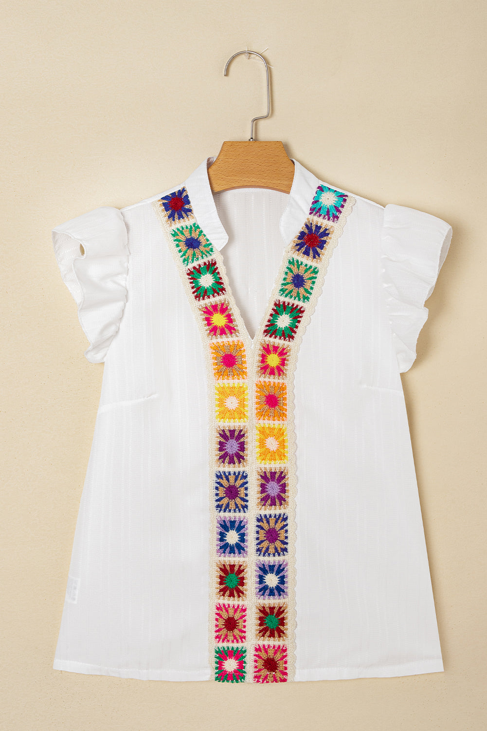 White Crochet Floral Notch V Neck Textured Blouse