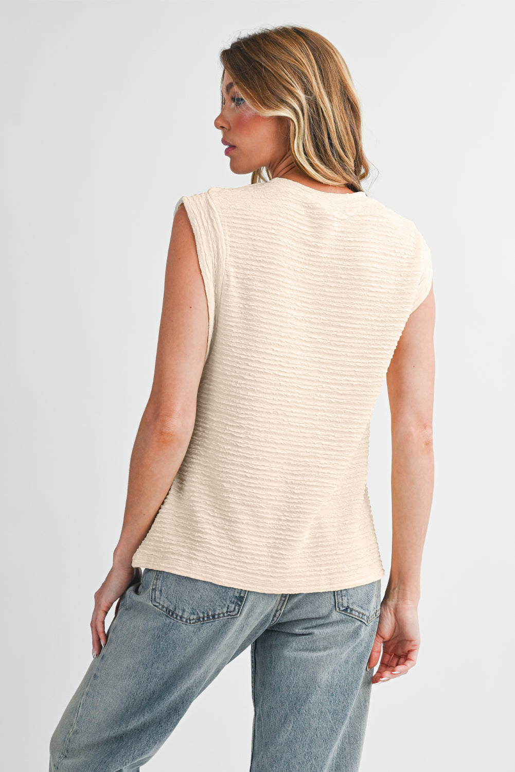 Beige Textured Round Neck Sleeveless Shirt