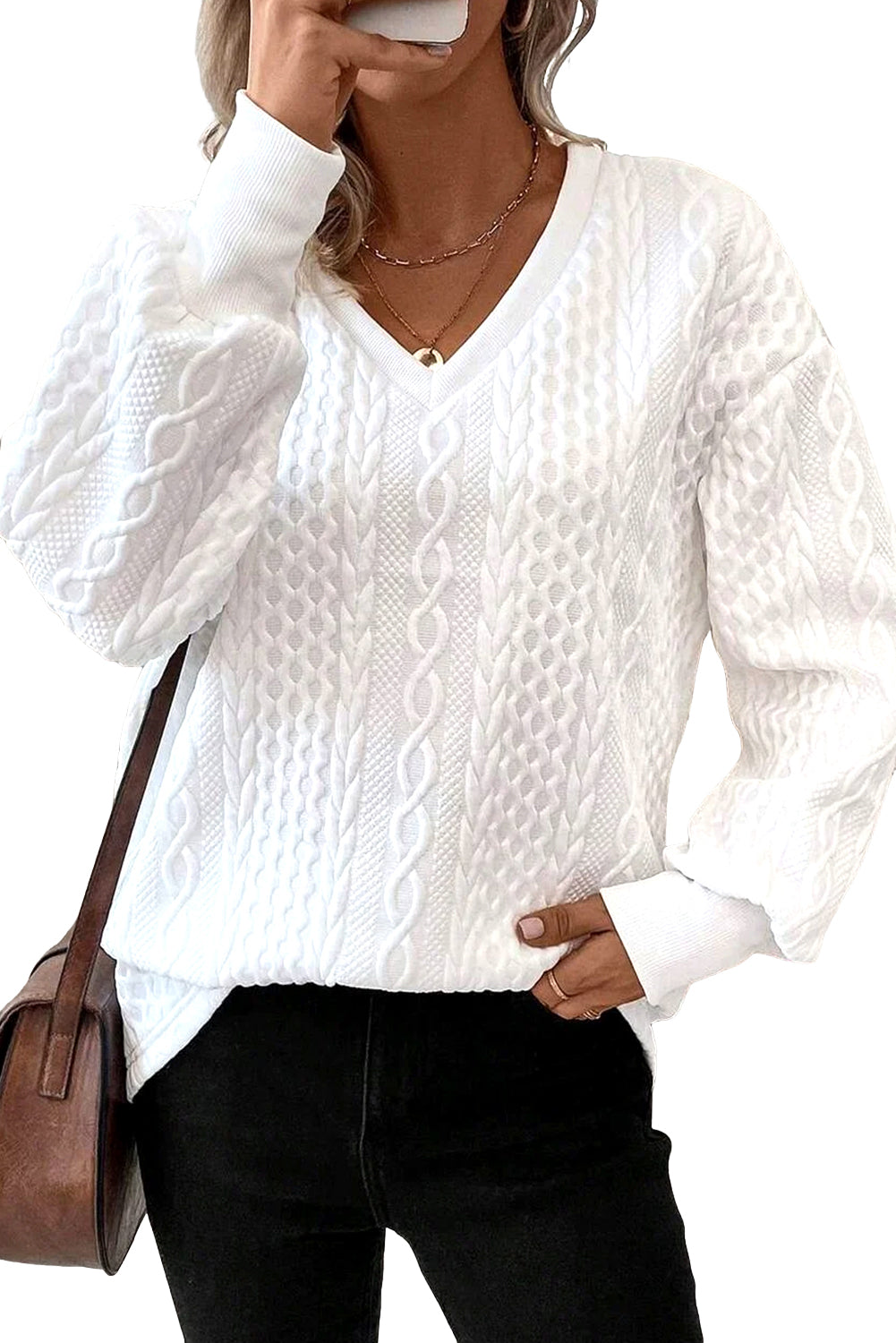 White Plain V-Neck Oversized Long Sleeve Textured Top