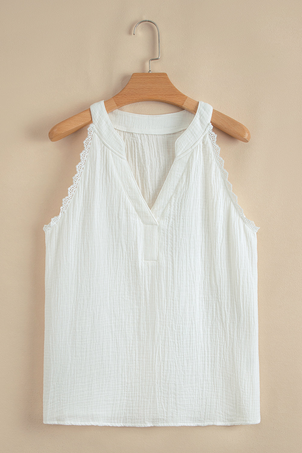 White V Neck Lace Trim Crinkled Sleeveless Top