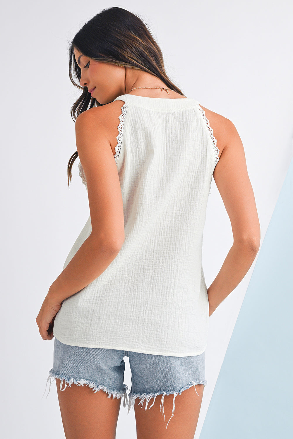 White V Neck Lace Trim Crinkled Sleeveless Top