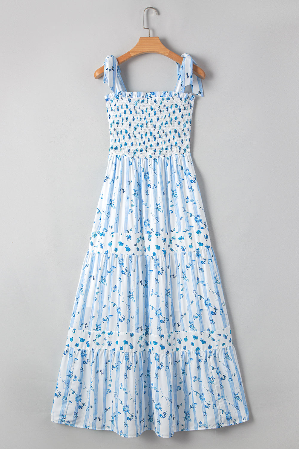Sky Blue Floral Smocked A-Line Tie Straps Maxi Dress
