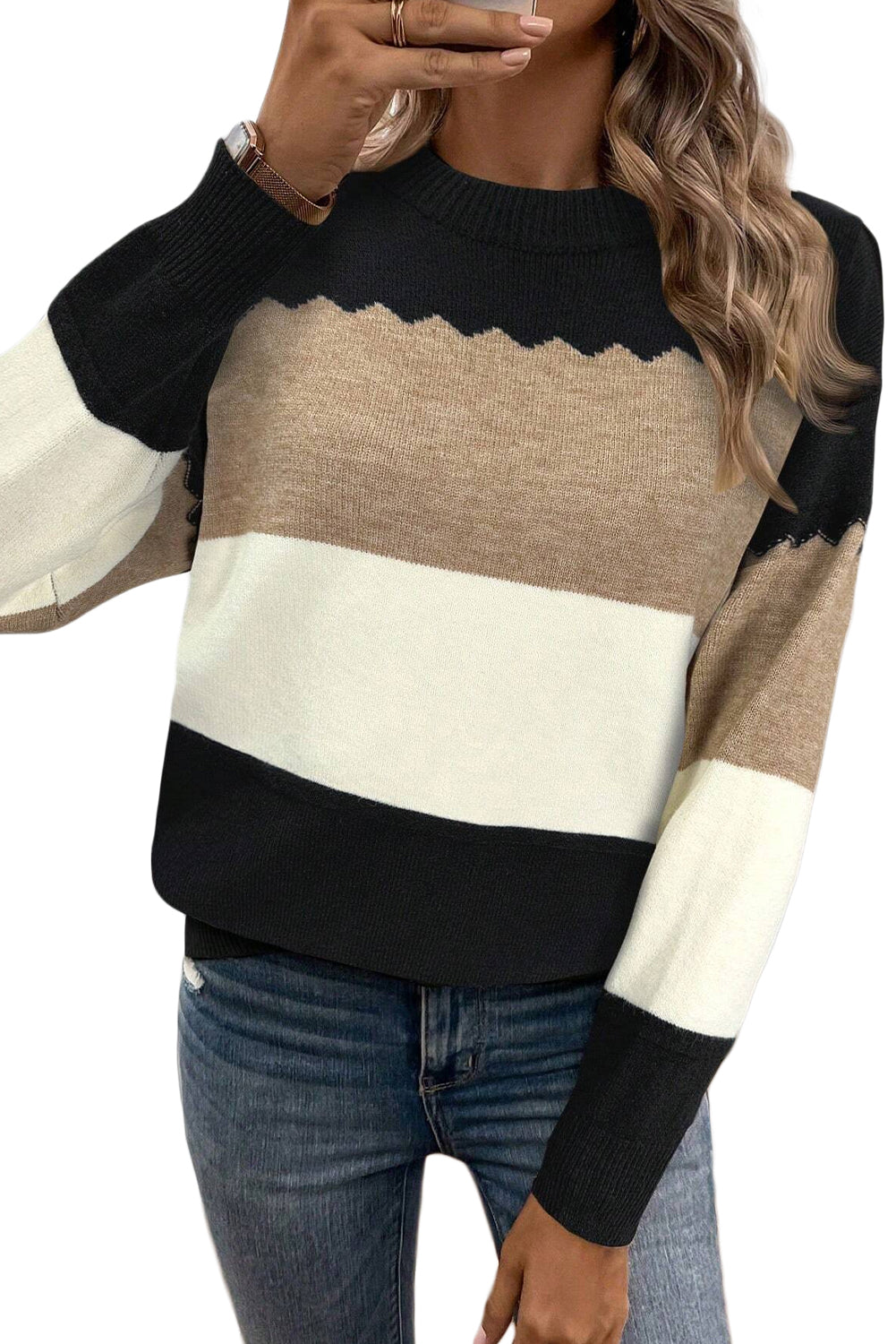 Black Colorblock Crew Neck Drop Shoulder Sweater