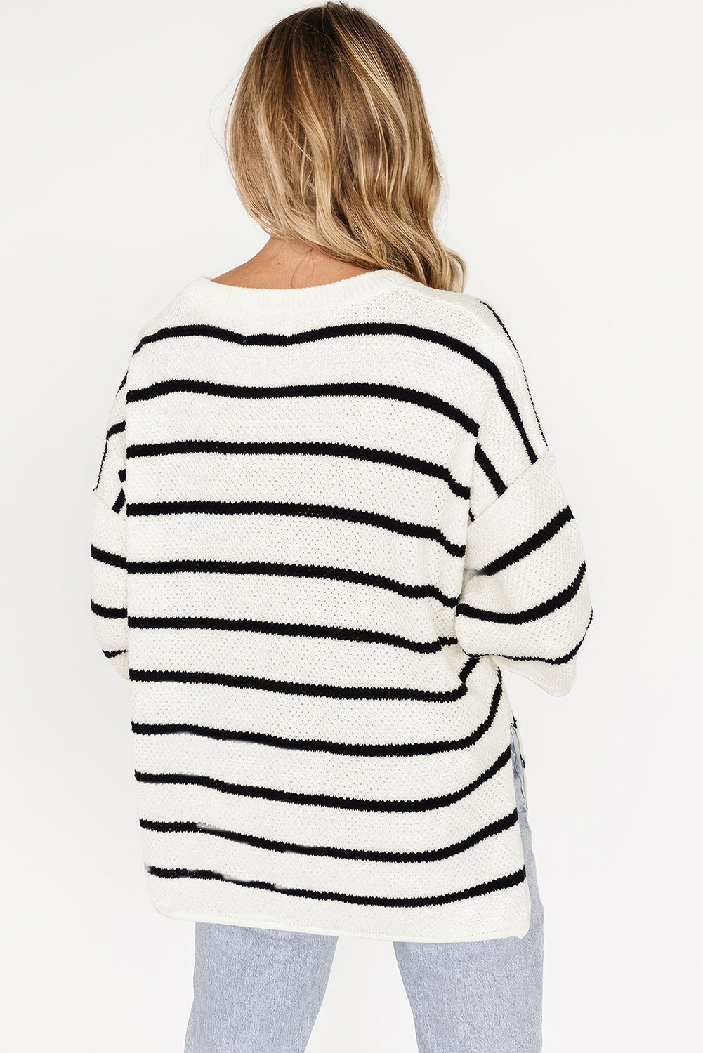 White Stripe Drop Shoulder Bracelet Sleeve Henley Knit Tee