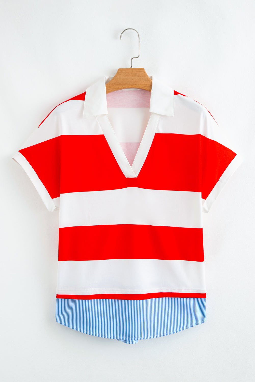 Red Stripe Colorblock Patchwork Short Sleeve Collar Top
