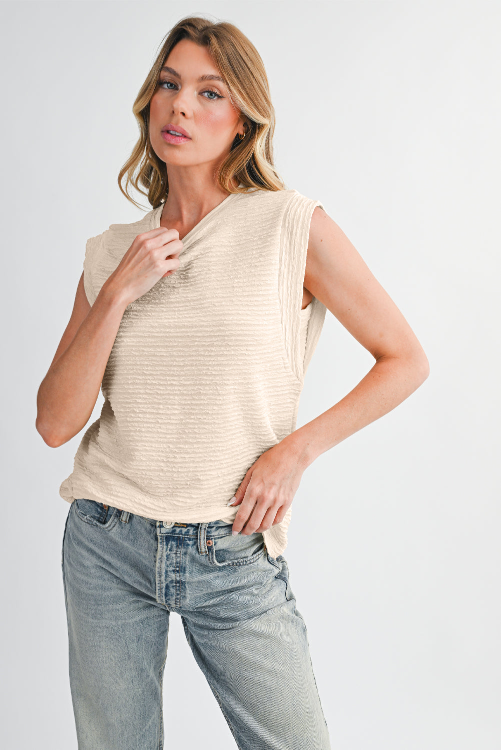 Beige Textured Round Neck Sleeveless Shirt