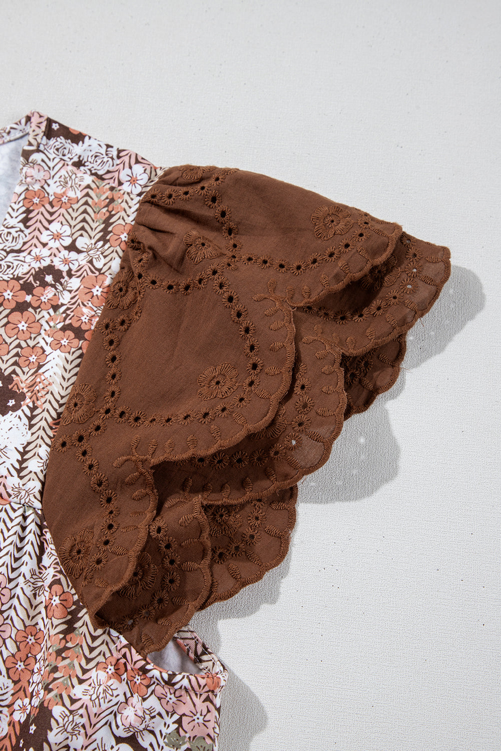 Khaki Floral Patchwork Flowy Sleeve Plus Size Blouse