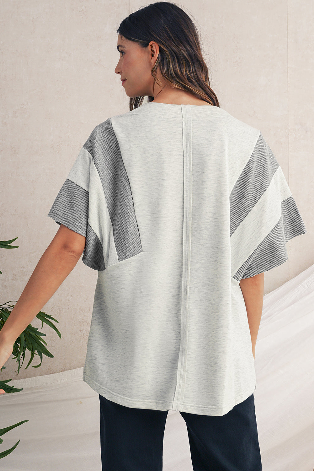 Light Grey Two Tone Contrast Waffle Knit Patched Buttoned V Neck Top