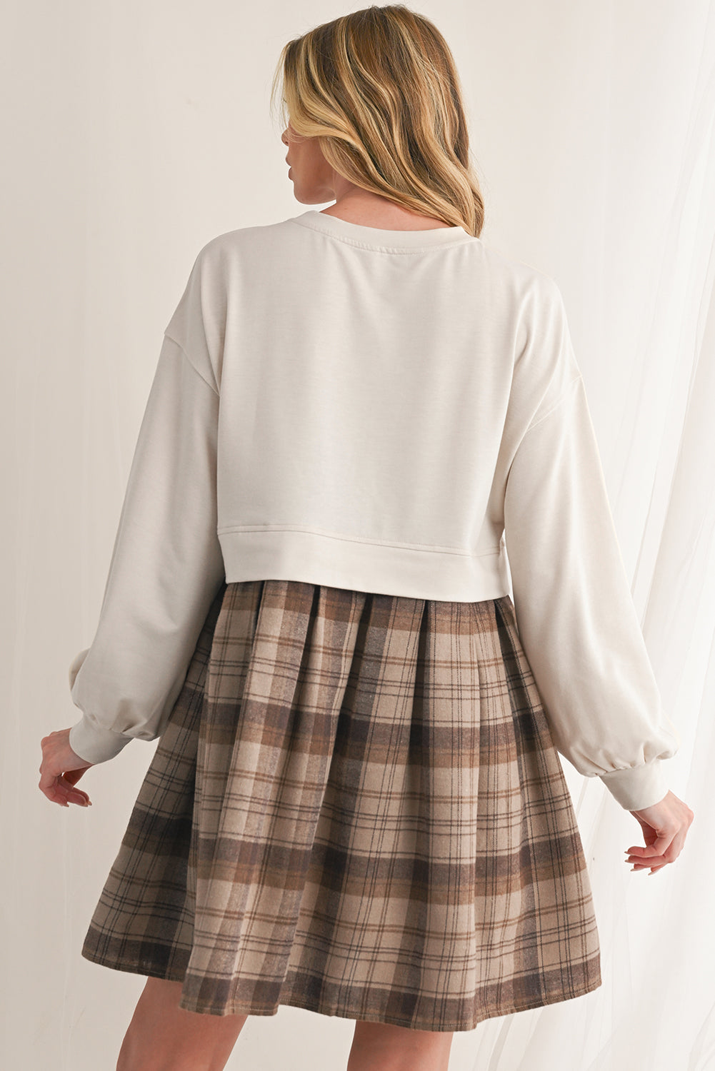 Beige Plaid Patchwork High Waist Sweatshirt Mini Dress