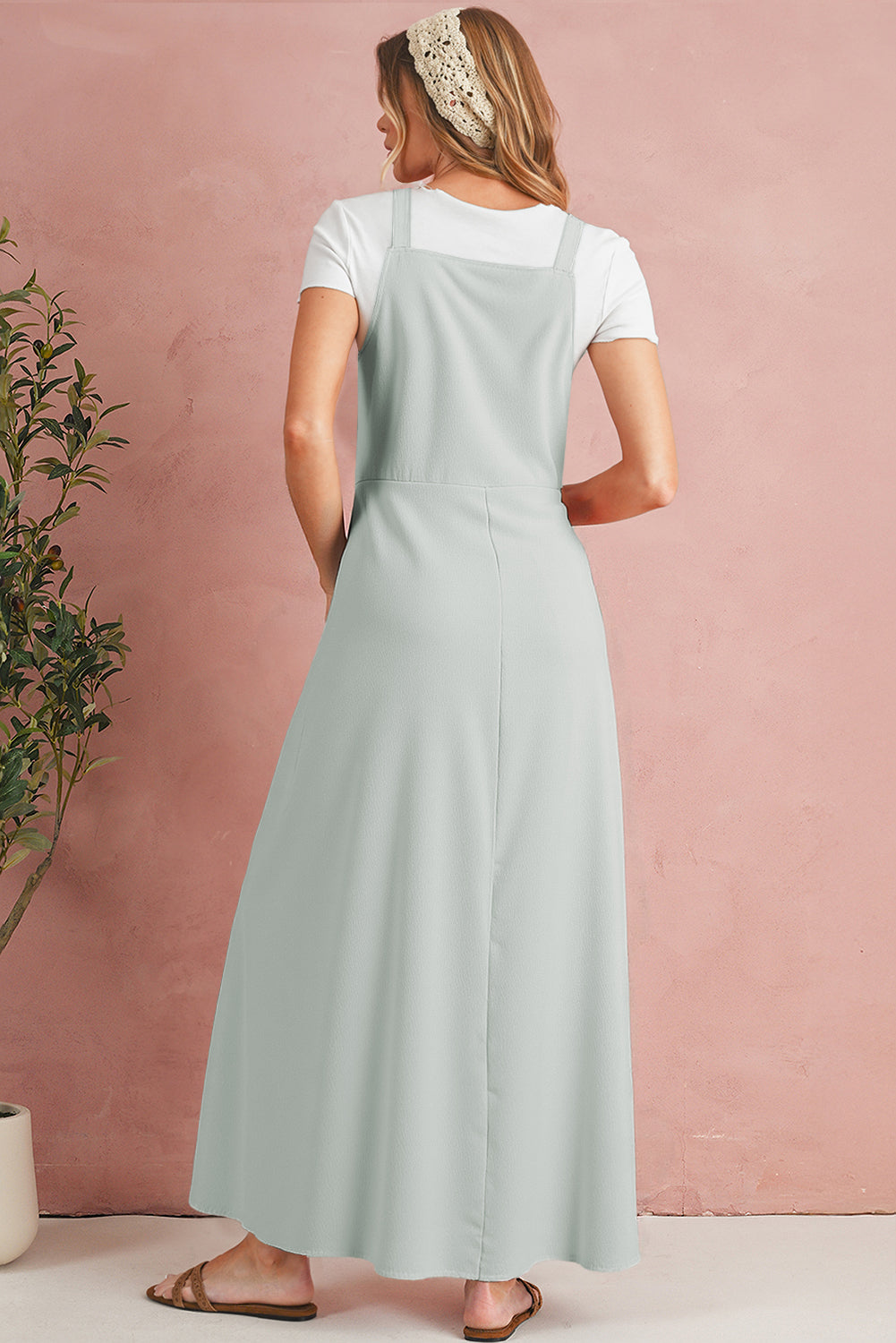 Light Grey Solid Color Pocket Overall Dress