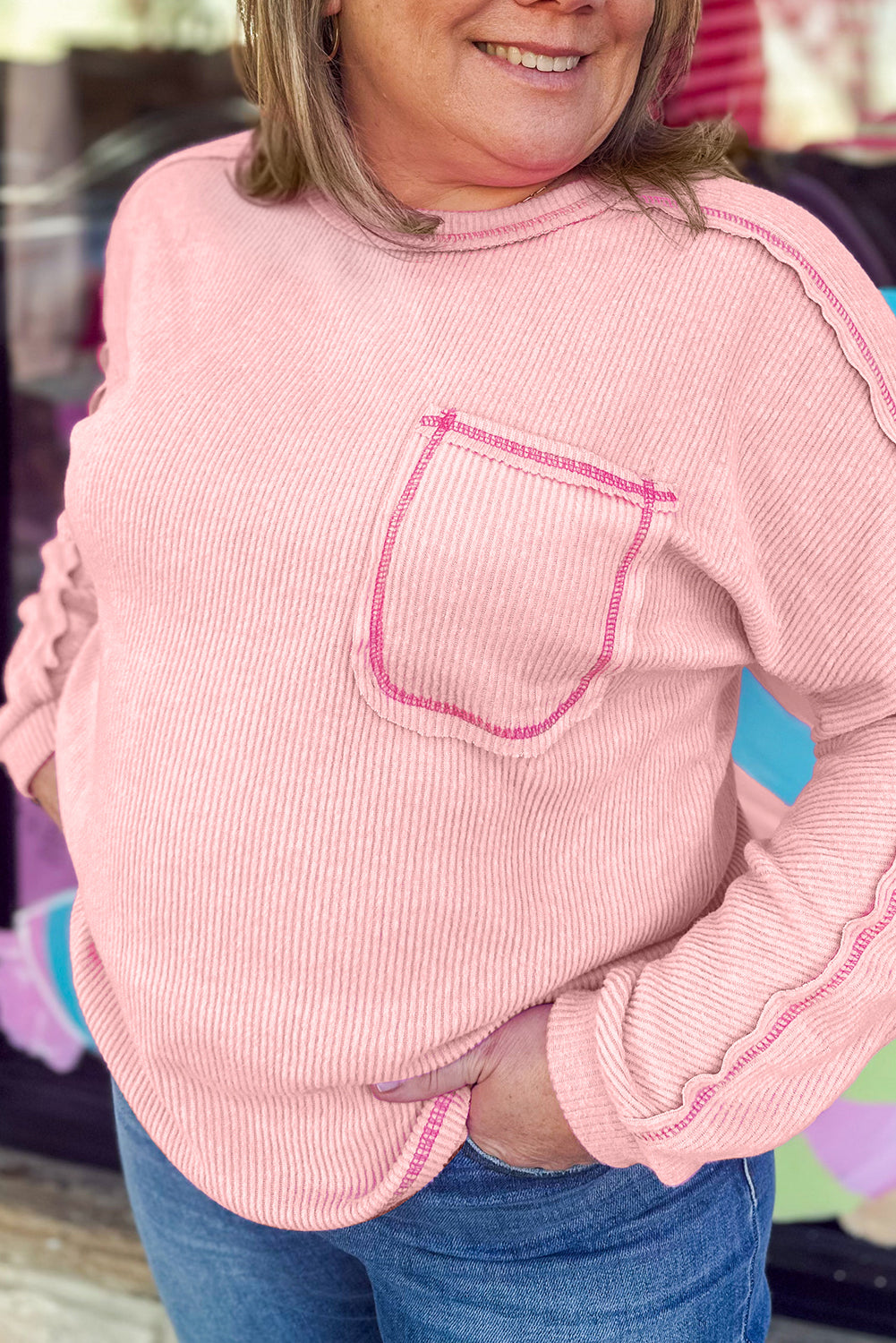 Bonbon Ribbed Exposed Seam Chest Pocket Plus Size Long Sleeve Top