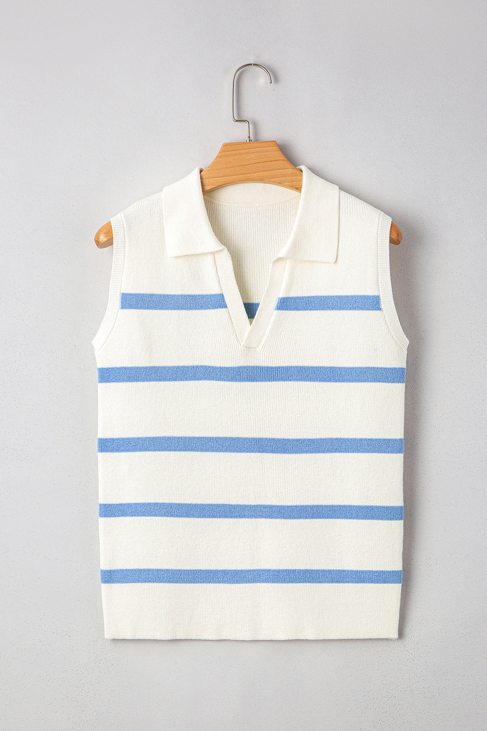 Sky Blue Striped Split V Neck Collared Ribbed Knit Vest