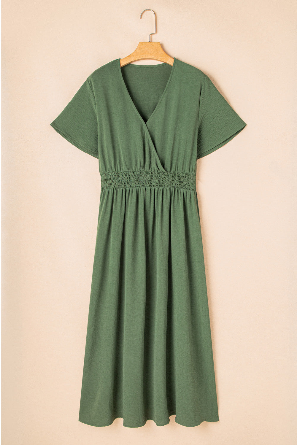 Green Surplice Neckline Smocked High Waist Plus Size Maxi Dress