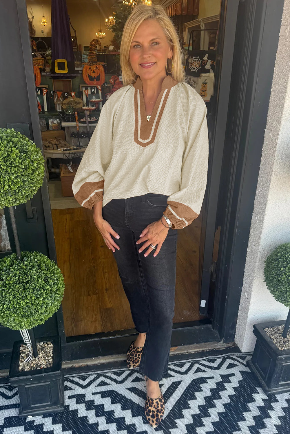 Jet Stream Colorblock Contrast V-neck Long Sleeve Blouse