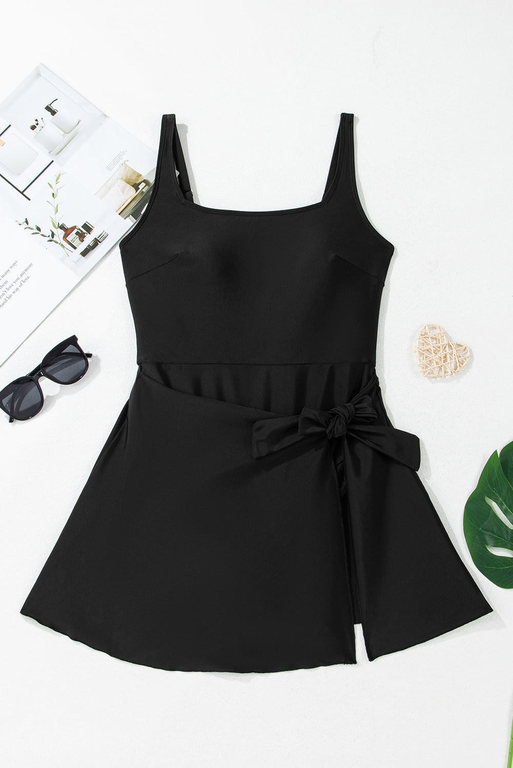 Black Side Tied Waist Square Neck Adjustable Straps A Line One Piece Swim Dress
