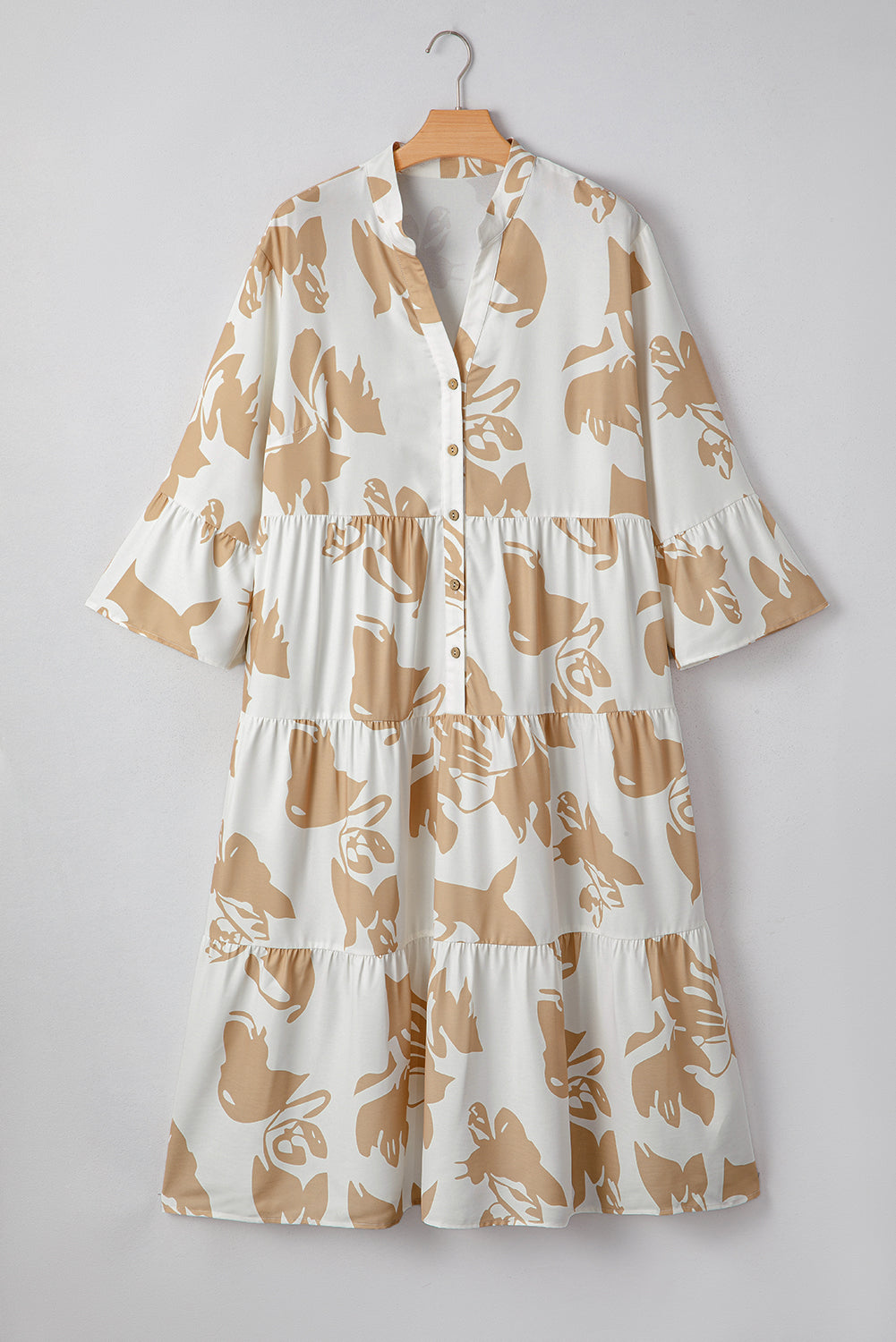 Khaki Abstract Print Ruffle Sleeve Tiered A-line Plus Size Long Dress