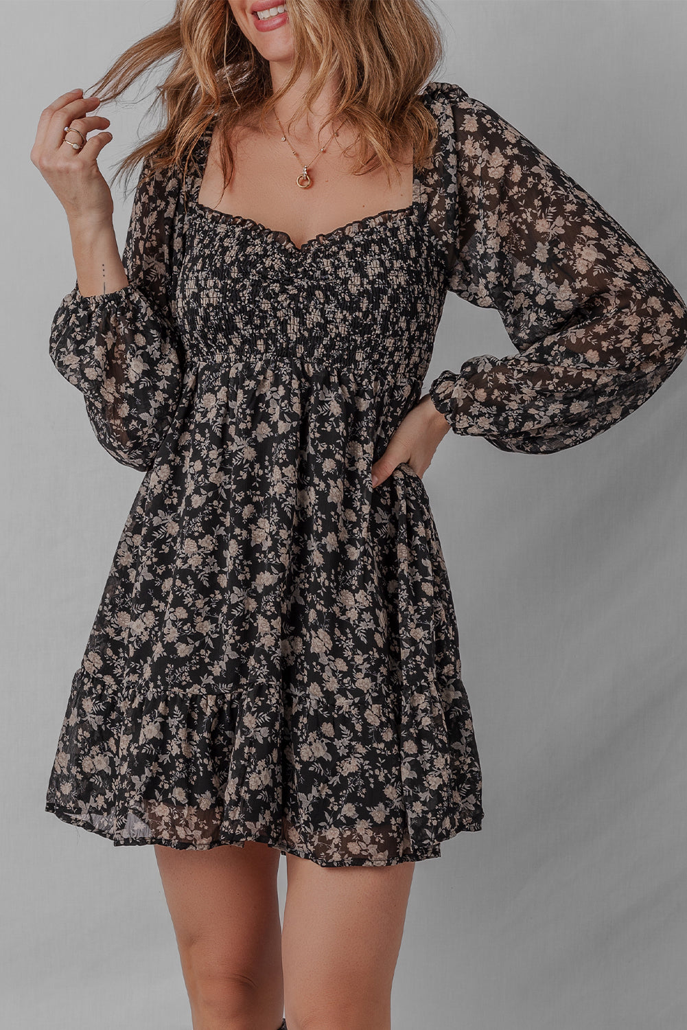 Black Floral Long Sleeve Frilly Shirred Square Neck Mini Dress